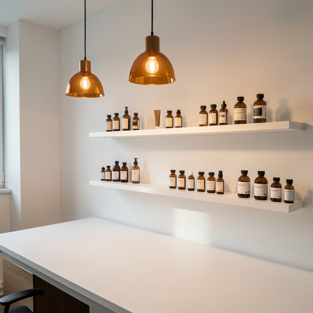 Toraven studio interior with clean workspace surfaces and amber-tinted pendant lighting, product bottles arranged on a white shelf