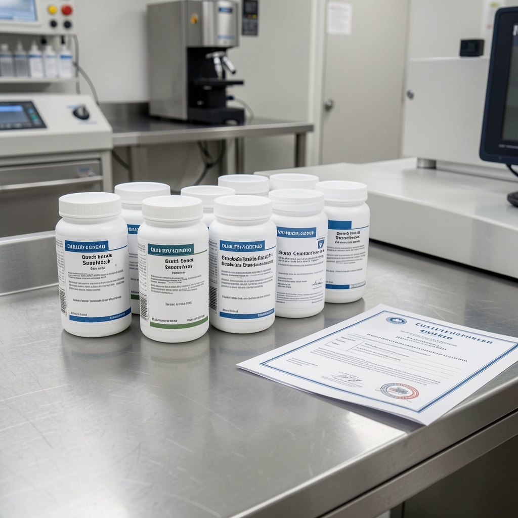 Quality-control environment showing batch-coded supplement containers on a clean stainless surface with certification documents alongside