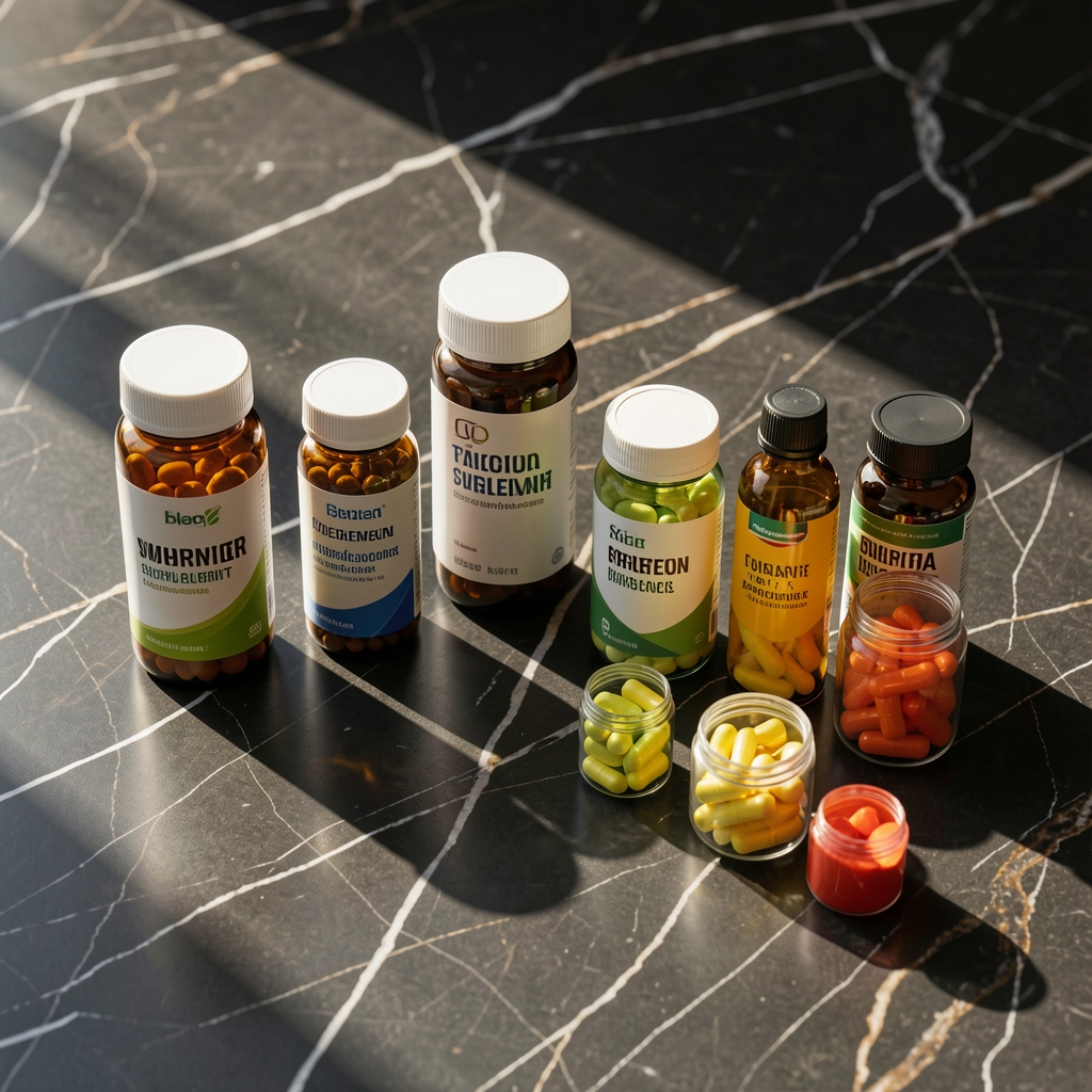Organised arrangement of supplement bottles and capsule containers on a dark marble surface, morning light casting long shadows from the left