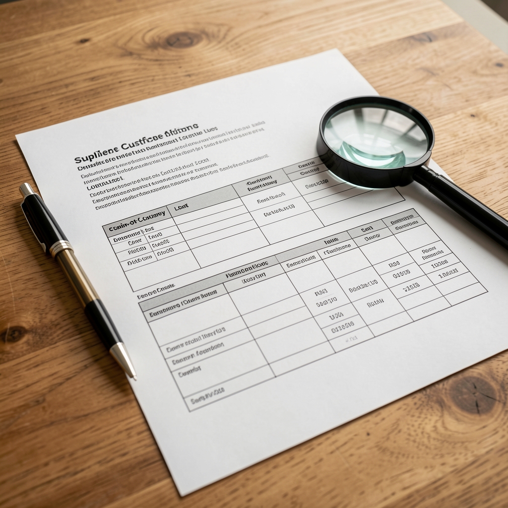 Close-up of supplier documentation certificates and chain-of-custody lot records laid flat on a wooden desk with a pen and magnifying glass