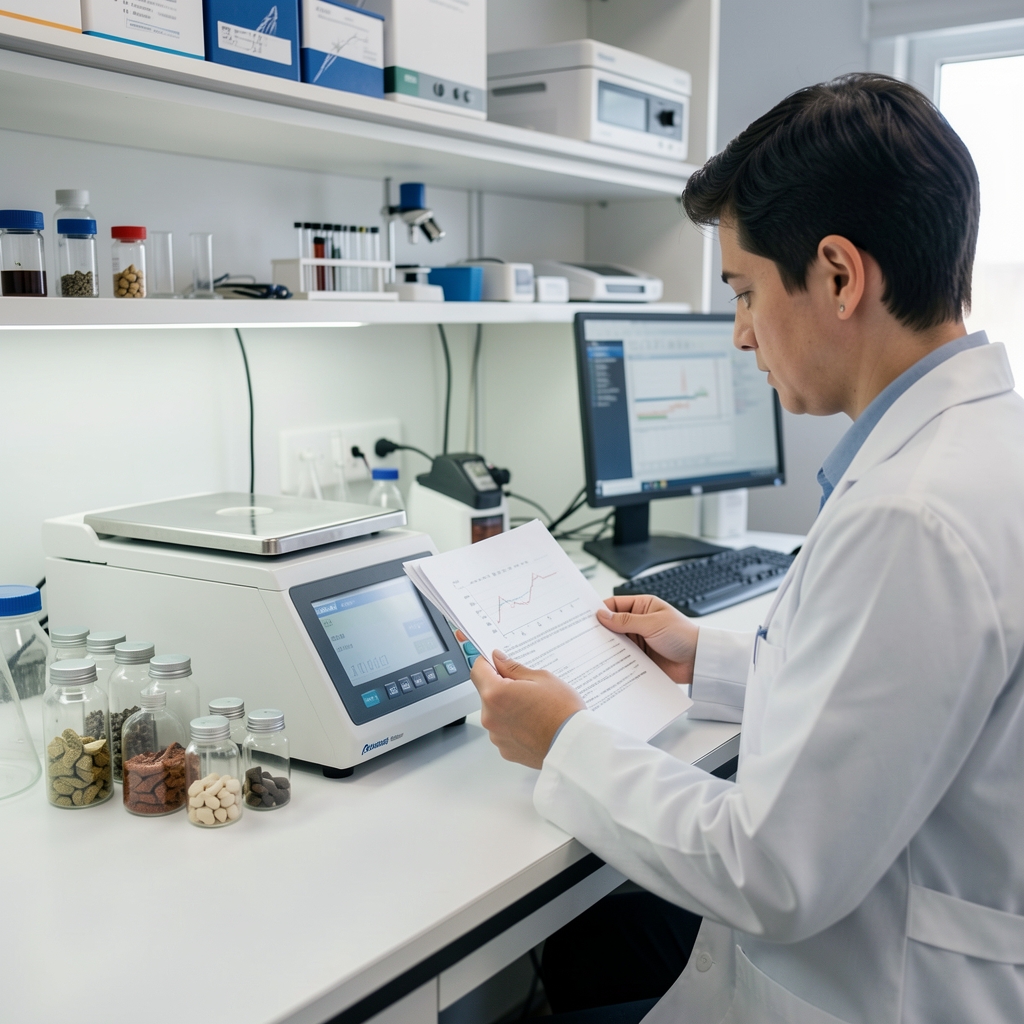 Independent laboratory bench showing calibrated weighing equipment, glass vials with supplement samples, and a white-coat technician reviewing analysis printouts under bright controlled lighting