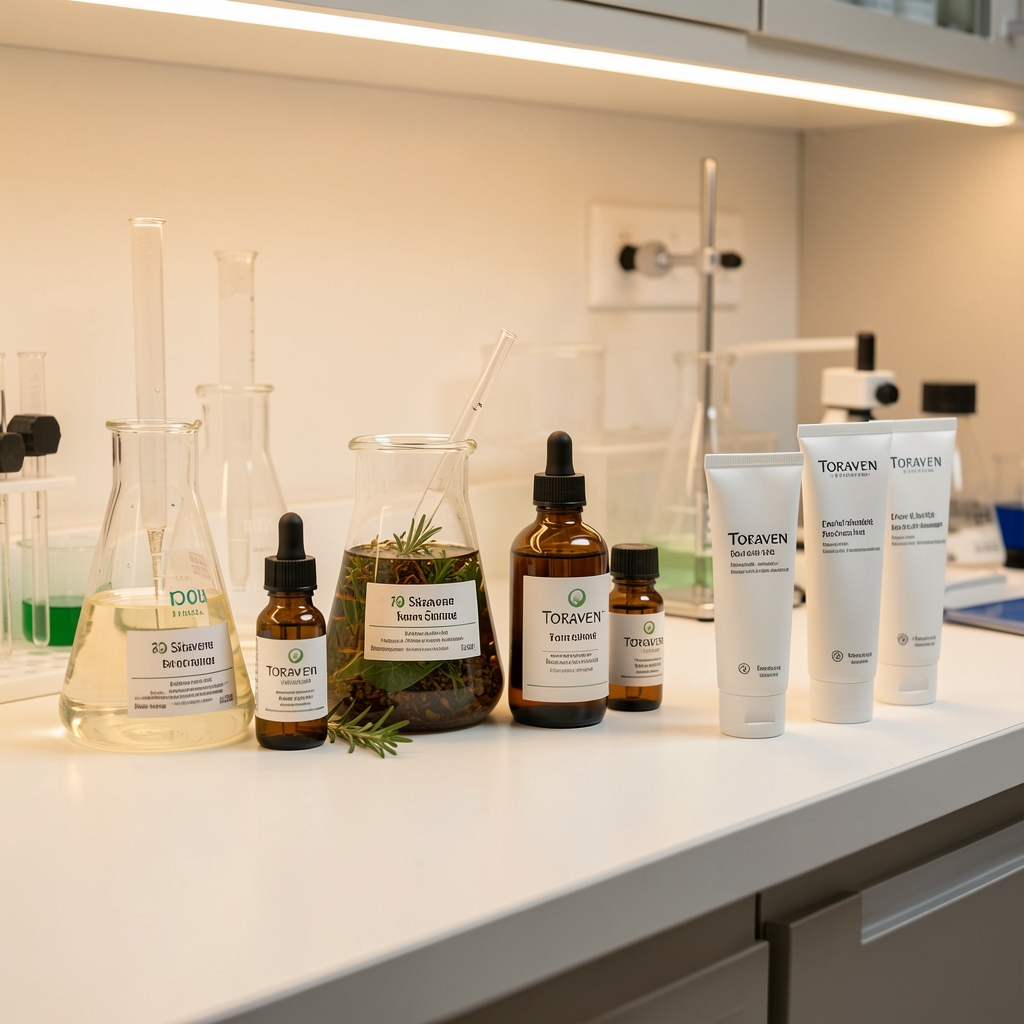 Toraven skincare formulation workspace with glass beakers, botanical extract bottles, and skincare product tubes arranged on a clean white laboratory bench under controlled warm lighting