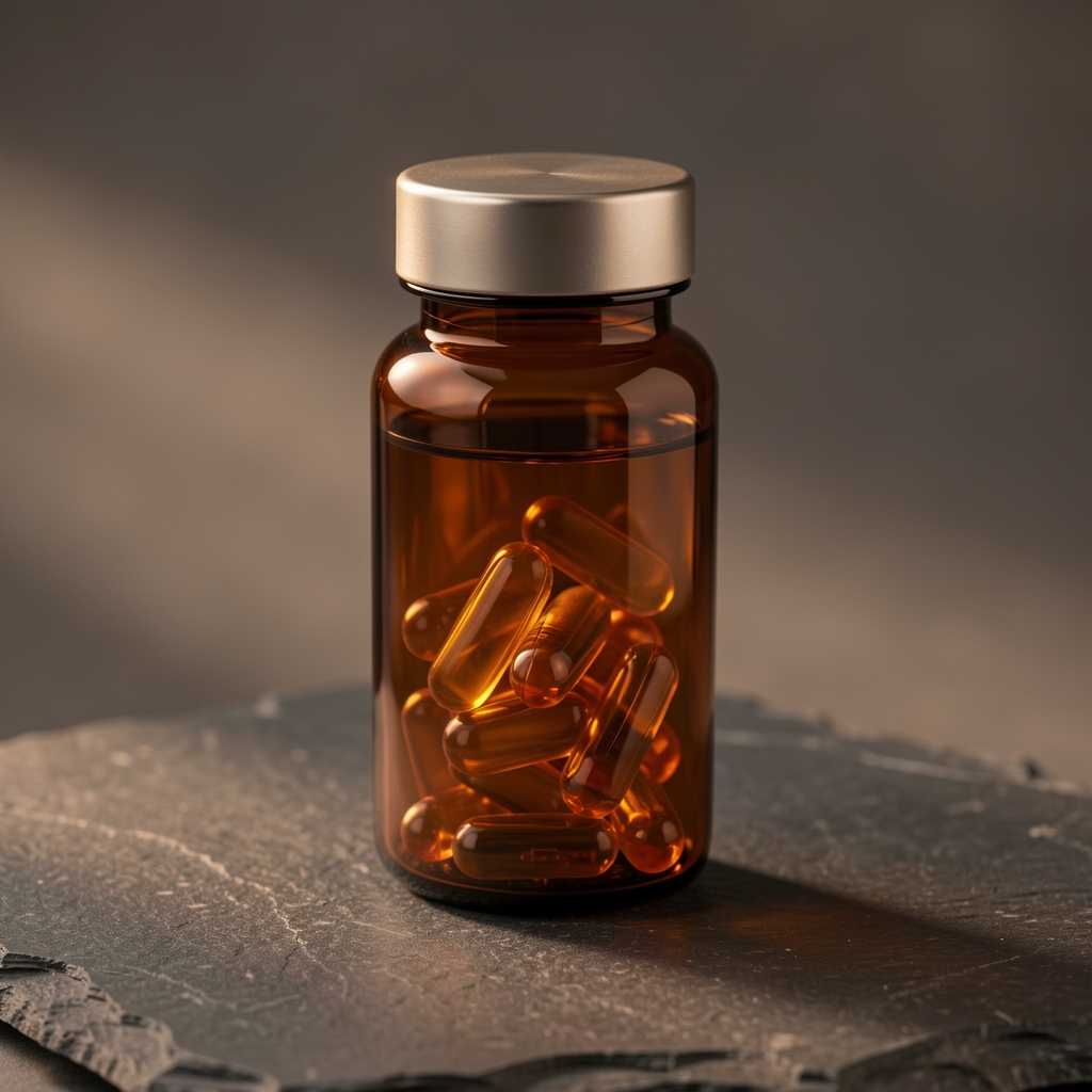 Close-up of amber glass vitamin supplement bottle with metallic cap on a dark stone surface with soft warm studio lighting