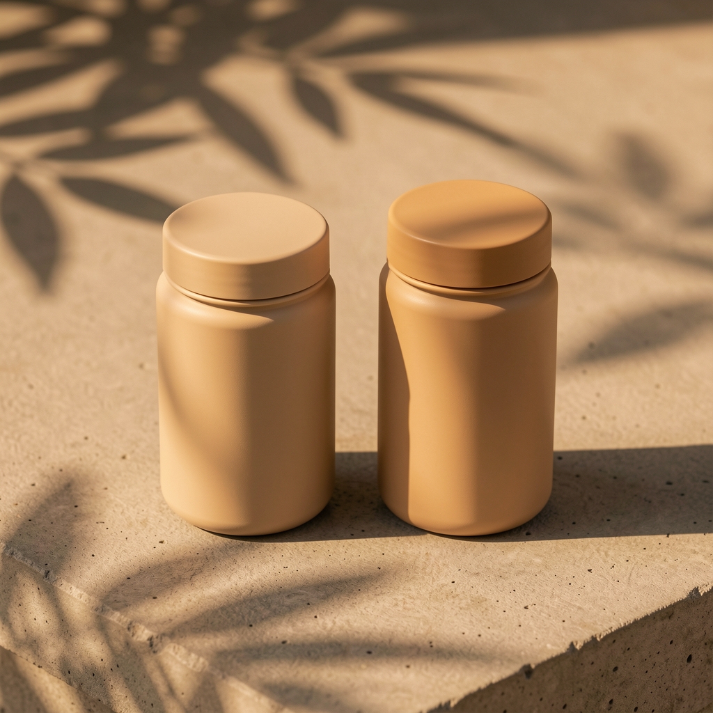 Two matte-finish supplement capsule containers arranged on a concrete surface with botanical plant shadow overlay in warm amber light