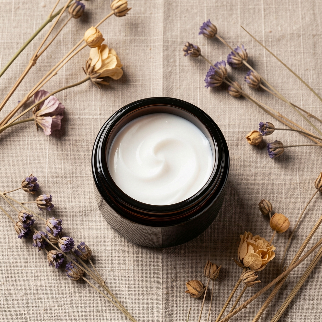 Flat-lay of a dark glass skincare jar open to reveal white collagen cream, surrounded by dried botanicals on a linen surface in controlled studio lighting