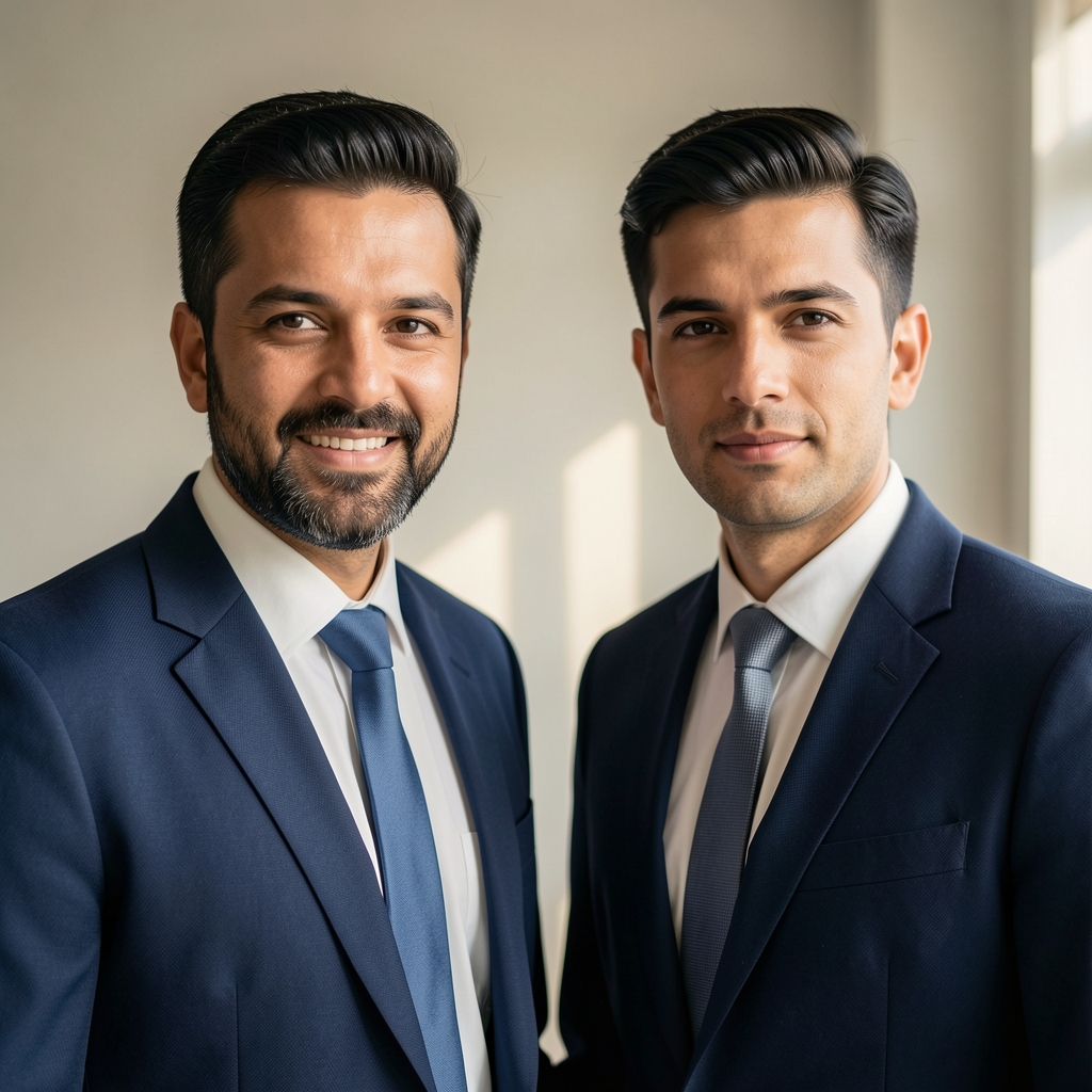 Men's daily face cream and serum arranged side by side on a clean white marble surface with soft diffused natural light and green botanical props